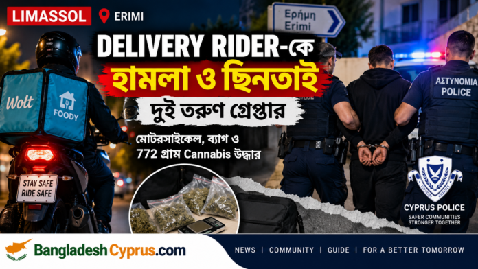 limassol-delivery-rider-attack-erimi-2026.jpg Limassol Delivery Rider Attack — রাতের Limassol ও Erimi-র দৃশ্যে Food Delivery Rider, পুলিশ হেফাজতে দুই তরুণ এবং ৭৭২ গ্রাম cannabis উদ্ধারের তথ্য